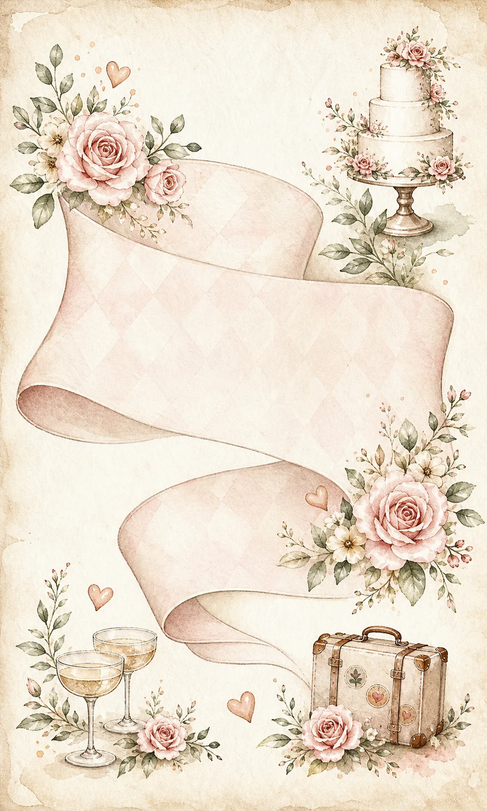 Illustrazione ad acquerello con rose, nastro, torta nuziale, coppe e valigia