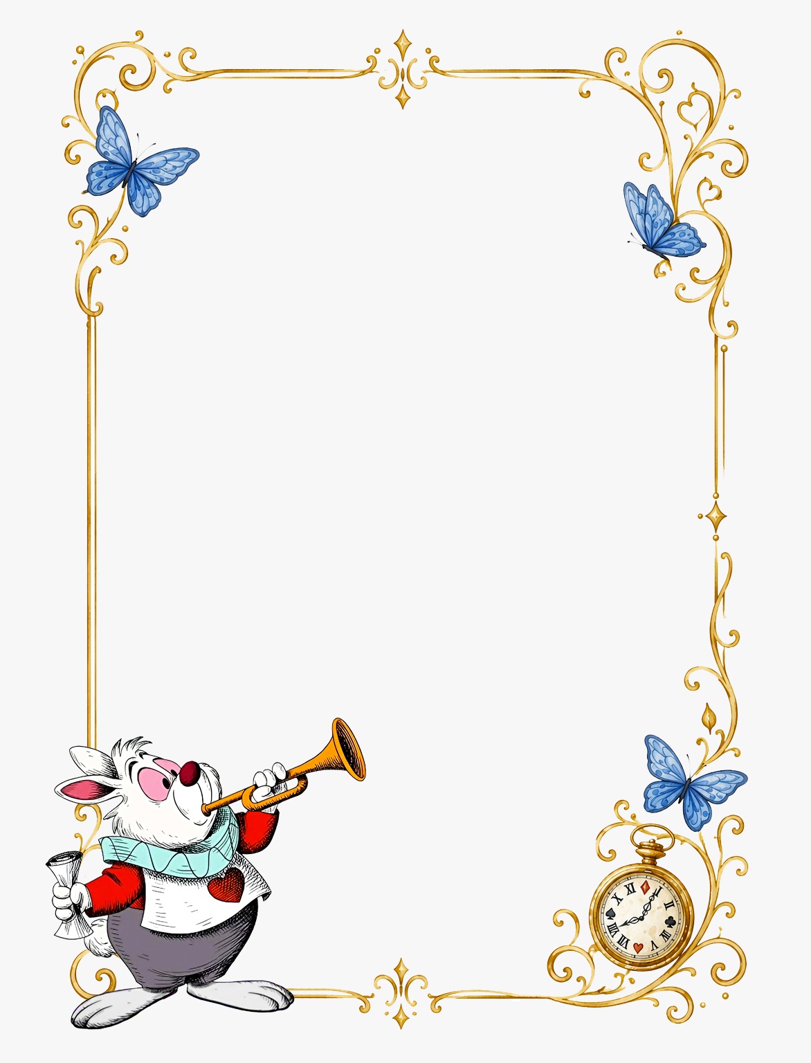 Cornice dorata con Bianconiglio, farfalle blu e orologio